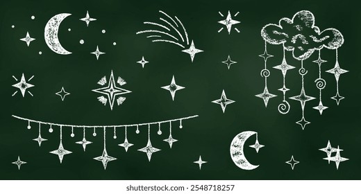 Esboço realístico desenhado em giz. Conjunto de Elementos de Design Estrelas, Luas, Nuvem Isolada no Fundo de Quadro-negro. Kit de Desenhos Texturais de Crayon de Símbolos de Céu Noturno Branco no Quadro Negro para Produtos de Bebê.