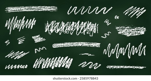 Realistic Chalk Drawn Sketch. Set of Design Elements Linear Scribbles Isolated on Chalkboard Backdrop. Kit of Textural Crayon Drawings of White Graphic Scrawls on Dark Blackboard.