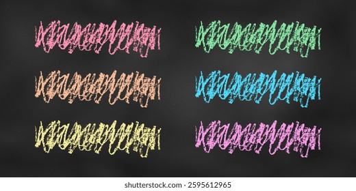Realistic Chalk Drawn Sketch. Set of Design Elements Colorful Scribbles Isolated on Chalkboard Backdrop. Kit of Textural Crayon Drawings of Scrolls and Emphasis of Different Colors on Blackboard.