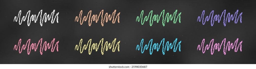 Realistic Chalk Drawn Sketch. Set of Design Elements Zigzag Scribbles Isolated on Chalkboard Backdrop. Kit of Textural Crayon Drawings of Graphic Elements of Rainbow Colors on Blackboard.