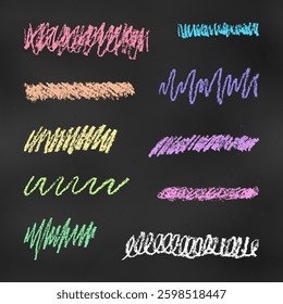 Realistic Chalk Drawn Sketch. Set of Design Elements Colorful Scribbles Isolated on Black Chalkboard Backdrop. Kit of Textural Crayon Drawings of Graphic Shapes of Different Colors on Blackboard.