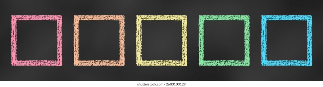Realistic Chalk Drawn Sketch. Set of Design Elements Colorful Square Frames Isolated on Chalkboard Backdrop. Kit of Textural Crayon Drawings of Simple Templates of Different Colors on Blackboard.