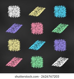 Realistic Chalk Drawn Sketch. Set of Design Elements Abstract Scribbles Isolated on Chalkboard Backdrop. Kit of Textural Crayon Drawings of Simple Textural Shapes of Different Colors on Blackboard.