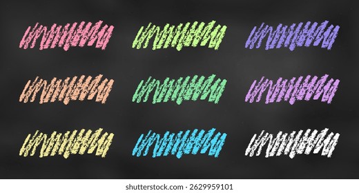 Realistic Chalk Drawn Sketch. Set of Design Elements Colorful Scribbles Isolated on Chalkboard Backdrop. Kit of Textural Crayon Drawings of Simple Shapes of Different Colors on Blackboard.