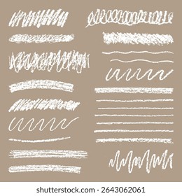 Realistic Chalk Drawn Sketch. Set of Design Elements White Emphasises Isolated on Craft Paper. Kit of Textural Crayon Drawings of Simple Shapes and Lines on Papercraft.