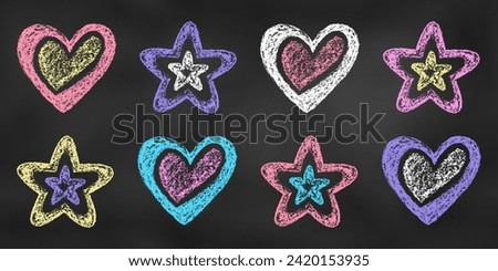 Realistic Chalk Drawn Sketch. Set of Design Elements Hearts and Stars Isolated on Chalkboard Backdrop. Kit of Textural Crayon Drawings of Simple Shapes of Different Colors on Blackboard.