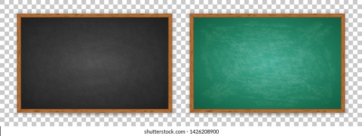 Realistic chalkboard with wooden frame isolated on transparent background. Chalkboard set for design. Rubbed out dirty chalkboard. Empty green and black blackboard for classroom or restaurant menu