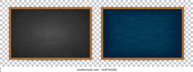 Realistic chalkboard with wooden frame isolated on transparent background. Chalkboard set for design. Rubbed out dirty chalkboard. Empty blue and black blackboard for classroom or restaurant menu