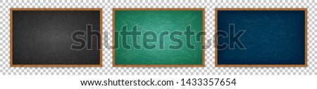 Realistic chalkboard with wooden frame isolated on transparent background. Chalkboard set for design. Rubbed out dirty chalkboard. Empty black, blue, green blackboard for classroom or restaurant menu