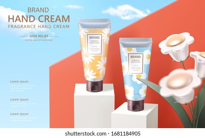 Realistic chamomile cosmetic package mock-up, designed with floral tubes set on white cube pedestal and cute flowers aside, 3d illustration