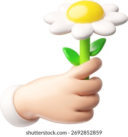 Realistische Kamille Blume in der Hand 3D-Kunststoff-Stil Vektorgrafik. Cartoon machen schöne Sommerblüte Gänseblümchen Pflanze mit Blättern. Blühendes Geschenk einzeln auf weißem Hintergrund