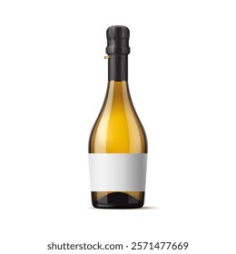 Realistic champagne alcohol glass bottle featuring blank label for branding presentations, marketing campaigns and product showcase. Isolated 3d vector flask mockup highlighting luxury and celebration
