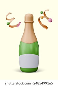 Realistic champagne bottle with blank white label, confetti, streamer