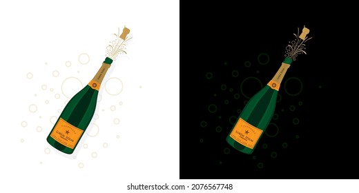 Realistic Champagne Bottle with Cork and Fizz Popping Out. Champagne Bottle Explosion. Editable Illustration.