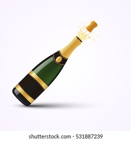 Realistic champagne bottle with gold foil and splash, isolated on white background