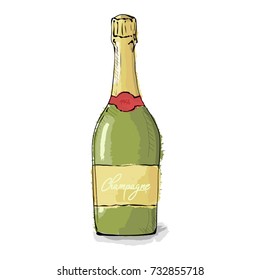 Realistic champagne bottle with gold foil. Christmas drink. Hand drawn vector illustration on a white background.