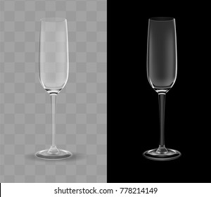 Realistic champagne empty glass on light grey transparent, black background. Happy new year, christmas, xmas holiday symbol. Mockup for your design. Vector illustration