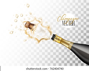 Realistic champagne explosion. Black glass bottle with gold label popping its cork splashing closeup. Christmas, new year, birthday celebration vector illustration on transparent background
