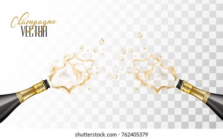 Realistic champagne explosion. Black glass bottles with gold label popping its cork splashing opposite each other. Christmas, new year, birthday celebration vector illustration, transparent background