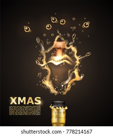 Realistic champagne explosion closeup. Christmas, new year, xmas symbol poster design element. Glass bottle popping its cork splashing. Birthday celebration vector illustration on black background