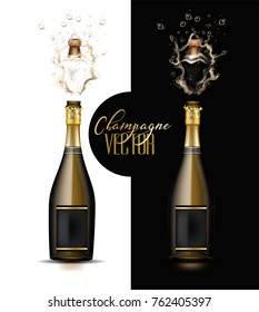 Realistic Champagne Explosion Set. Black Glass Bottle With Gold Label Popping Its Cork Splashing Mockup. Christmas, New Year, Birthday Celebration Vector Illustration, White Isolated, Black Background