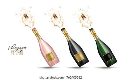 Realistic Champagne Explosion Set. Pink, Black, Green Glass Bottle With Gold Label Popping Cork Splashing. Christmas, New Year, Corporate, Birthday Celebration Element. Isolated Vector Illustration