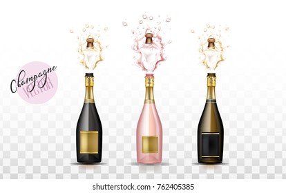 Realistic champagne explosion set. Pink, black, brown glass bottle with gold label popping cork splashing. Christmas, new year, corporate, birthday celebration illustration on transparent background