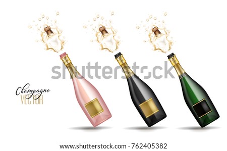 Realistic champagne explosion set. Pink, black, green glass bottle with gold label popping cork splashing. Christmas, new year, corporate, birthday celebration element. Isolated vector illustration