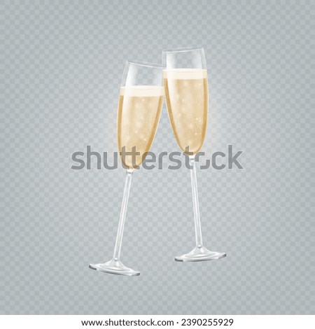 Realistic champagne glasses. 3d isolated glass with wines drinks, glitter bubble in transparent cup, cheers toast, christmas romantic prosecco, vector illustration of realistic alcohol champagne