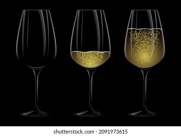 Realistic champagne glasses set. empty cup, half and full luxury glasses. Fully editable vector illustration