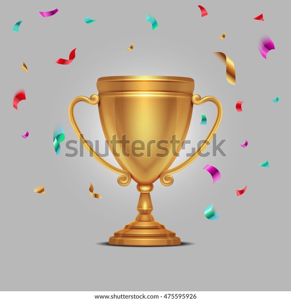 紙吹雪が落ちるリアルなチャンピオンシップの金杯とベクターイラスト スポーツのゴールデントロフィーの功績 のベクター画像素材 ロイヤリティフリー