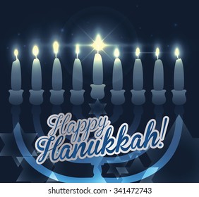 Realistic Chanukiah with blue background and bokeh effect with David's star shape and messange of happy Hanukkah.