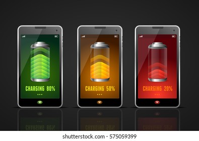 Realistic Charging Batteries Phone Set Level Energy Accumulator Gadget. Vector illustration