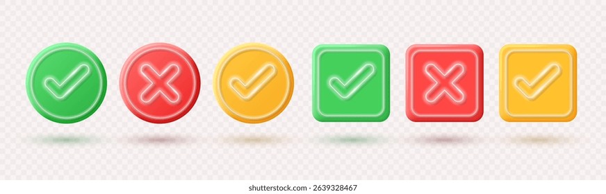 Realistic check mark and cross icons of round and square shapes in 3D style with neon elements. Vector illustration.