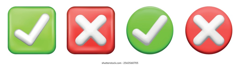 Realistic check marks 3d. Green tick. Correct. Trendy symbol sign. Vector. Ok. Verified. Textbox and checkbox. Frame vote. Done. Plastic render shape. Red cross. Wrong and accept. Element glossy. 