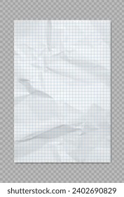 Realistic checkered paper vector template with crumpled paper texture. Vector