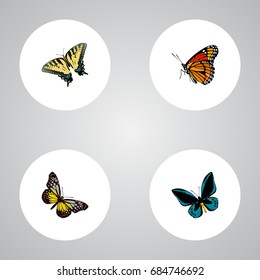 Realistic Checkerspot, Demophoon, Summer Insect And Other Vector Elements. Set Of Moth Realistic Symbols Also Includes Yellow, Butterfly, Sky Objects.