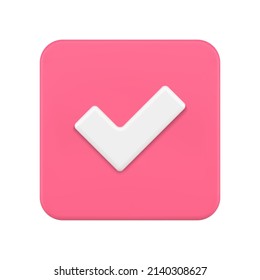 Realistic checkmark pink button done complete positive answer 3d icon vector illustration. Check mark badge success confirmation approved correct logotype agree accept sticker. Square choice tag