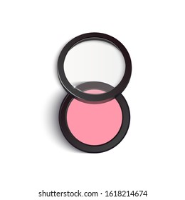 Realistic cheek blush package top view. 3d mockup container with compact blusher, makeup product. Decorative cosmetic close up isolated on white background. Vector illustration