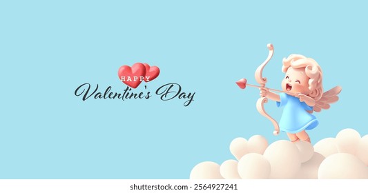 Realistic cheerful 3D cupid in the sky shooting arrows from a bow. For concepts of greetings, love, weddings, and anniversaries. Vector illustration.