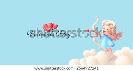 Realistic cheerful 3D cupid in the sky shooting arrows from a bow. For concepts of greetings, love, weddings, and anniversaries. Vector illustration.