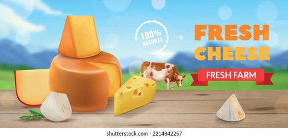 Realistic cheese ads horizontal poster fresh cheese fresh farm headline and village landscape vector illustration