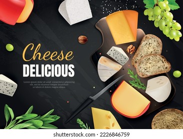 Realistic cheese chalkboard composition with cheese plate with bread and big headline vector illustration