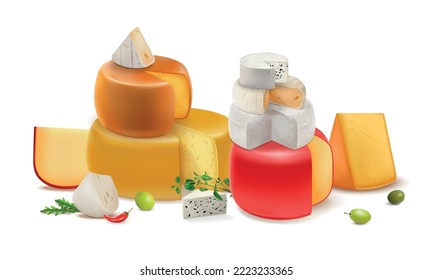 Realistic cheese colored composition with slices and blocks of different sizes and weights vector illustration