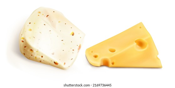 Realistic cheese pieces, dairy farm production, natural food. Triangular chunk parts with holes and seasonings. Delicatessen ads, isolated elements for package branding design, 3d vector illustration