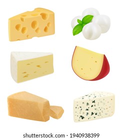 Realistic cheese. Pieces of delicious gourmet food variety mozzarella natural healthy milk products holland cheese decent vector illustrations set