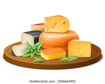 Realistic cheese pieces. Isolated milk products on wooden cutting board different varieties, cheddar and parmesan, creamy meal, eco organic farm food, dairy nutrition utter vector concept