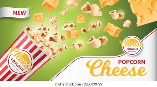 Realistic cheese product poster. 3d popcorn flying out of bucket with gouda cheese flavor, salty air snack, fast food, promo horizontal banner template, logo and copy space, utter vector concept