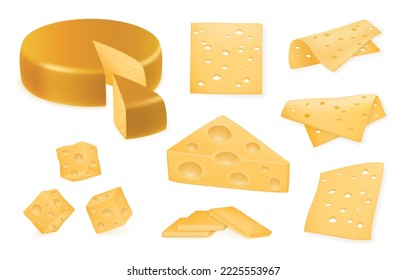 Conjunto de queso realista. Todo, medio y rebanada de comida, paquete natural. Piezas de cheez de trozo, cheddar suizo, corte de tentempiés, agujeros amarillos, productos lácteos. Ilustración neoterica vectorial 3d