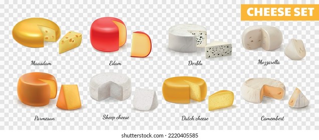 Realistic cheese transparent icon set with maasdam edam dorblu mozzarella parmesan camembert dutch and sheep cheeses vector illustration